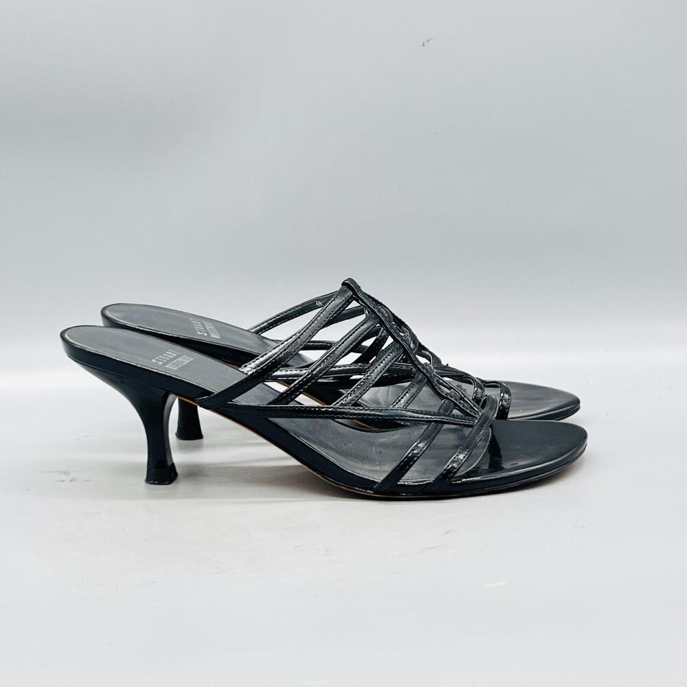 Stuart Weitzman Sandals Womens 6 Black Patent Leather Strappy Kitten Heel Shoes